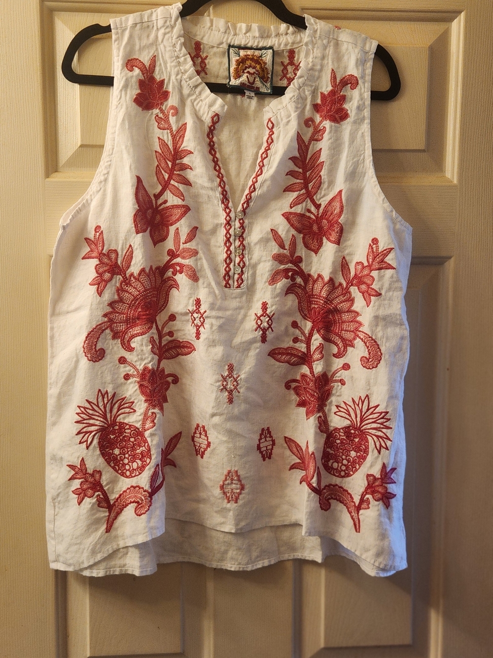 Johnny Was Embroidered White Sleeveless Camisole with Red Floral & Pineapple